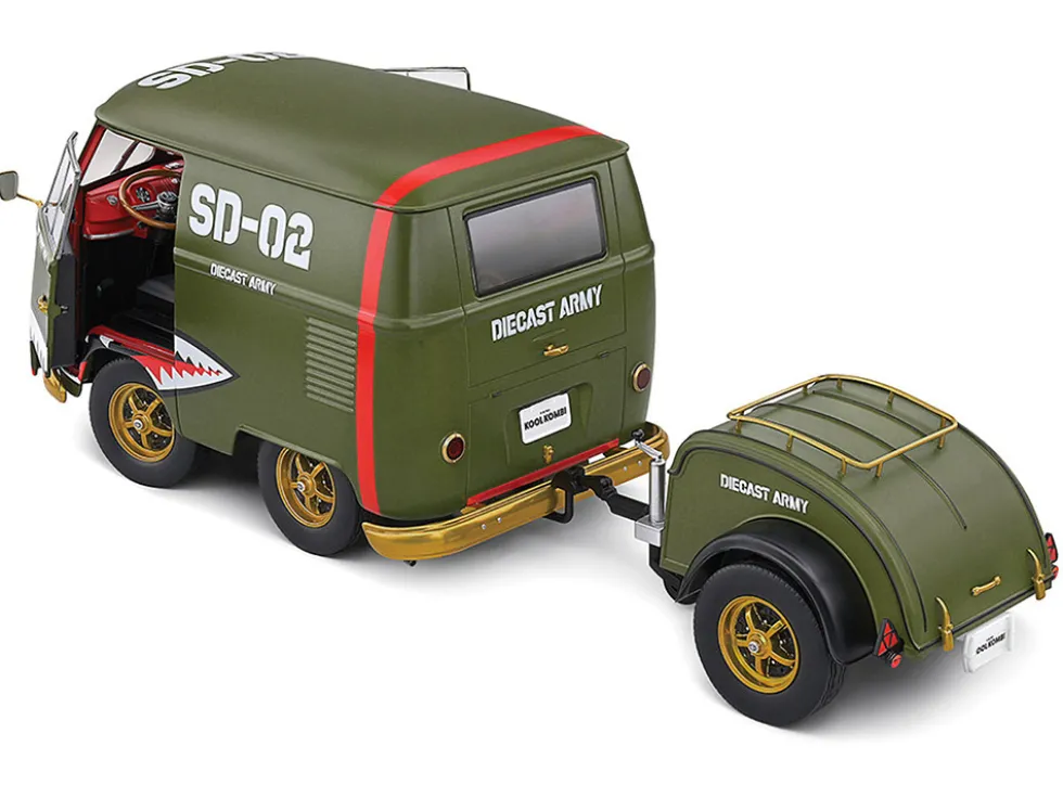 1950 Volkswagen Kool Kombi Van with Trailer "Army Fighter" Green with Graphics 1/18 Diecast Model Car by Solido