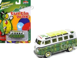 1965 Volkswagen Samba Bus "Turtle Wax" White and Green with Graphics "Pop Culture" 2025 Release 1 1/64 Diecast Model Car by Johnny Lightning