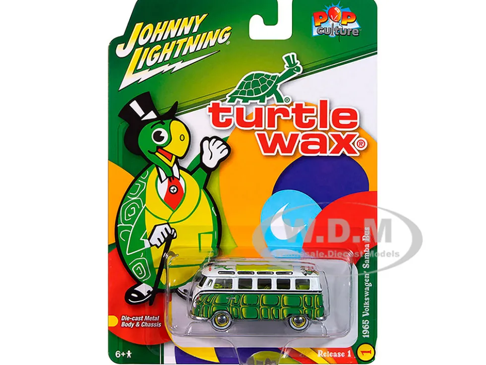 1965 Volkswagen Samba Bus "Turtle Wax" White and Green with Graphics "Pop Culture" 2025 Release 1 1/64 Diecast Model Car by Johnny Lightning