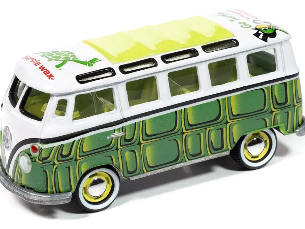 1965 Volkswagen Samba Bus "Turtle Wax" White and Green with Graphics "Pop Culture" 2025 Release 1 1/64 Diecast Model Car by Johnny Lightning
