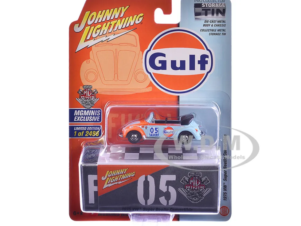1975 Volkswagen Super Beetle Convertible #05 "Gulf Oil" Light Blue and Orange "MGMinis Exclusive" Series Limited Edition to 2496 pieces Worldwide 1/64 Diecast Model Car by Johnny Lightning