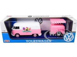 Volkswagen T1 Delivery Van Ice-Cream Trailer Pink White Ice-Cream Shop 1/24 Diecast Model Car Motormax 79672