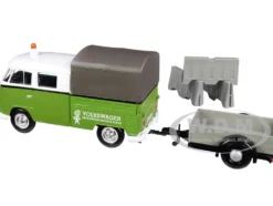 Volkswagen T1 Pickup Canopy Green White Trailer Road Service 1/24 Diecast Model Car Motormax 79676