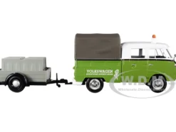 Volkswagen T1 Pickup Canopy Green White Trailer Road Service 1/24 Diecast Model Car Motormax 79676