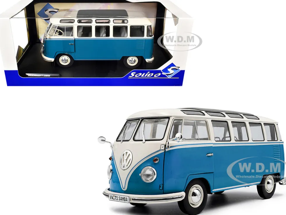 1962 Volkswagen T1 Samba Bus Baby Blue and White 1/18 Diecast Model Car by Solido