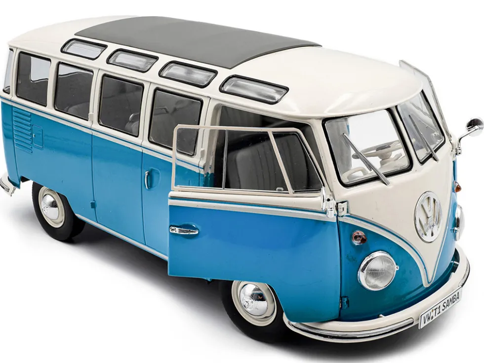 1962 Volkswagen T1 Samba Bus Baby Blue and White 1/18 Diecast Model Car by Solido