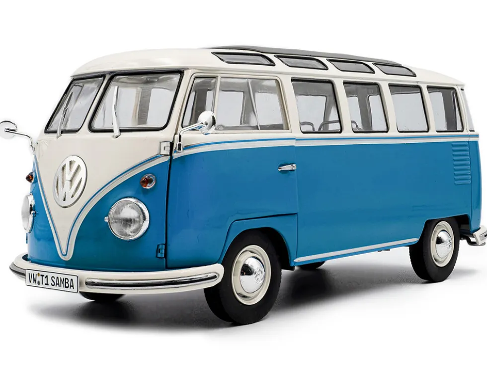 1962 Volkswagen T1 Samba Bus Baby Blue and White 1/18 Diecast Model Car by Solido