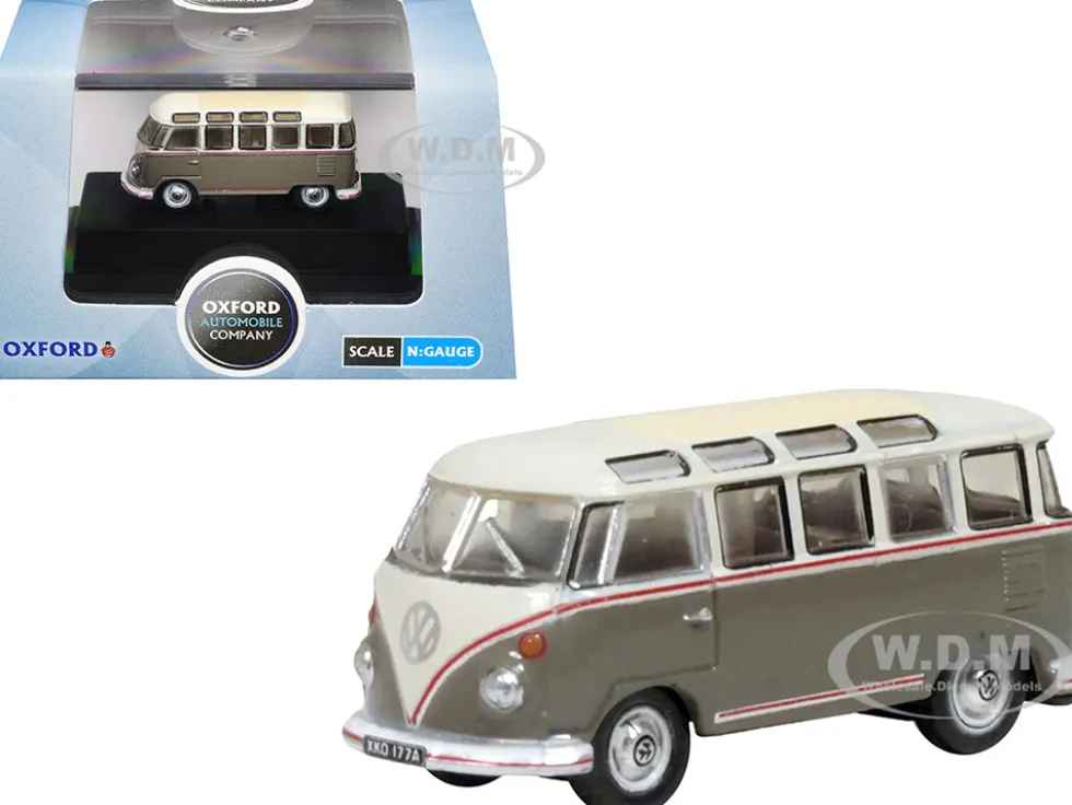 Volkswagen T1 Samba Bus Mouse Grey and Pearl White with Red Stripes 1/148 (N) Scale Diecast Model Car by Oxford Diecast