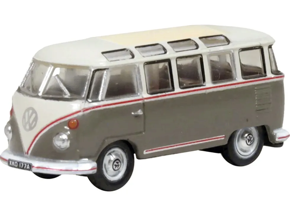 Volkswagen T1 Samba Bus Mouse Grey and Pearl White with Red Stripes 1/148 (N) Scale Diecast Model Car by Oxford Diecast