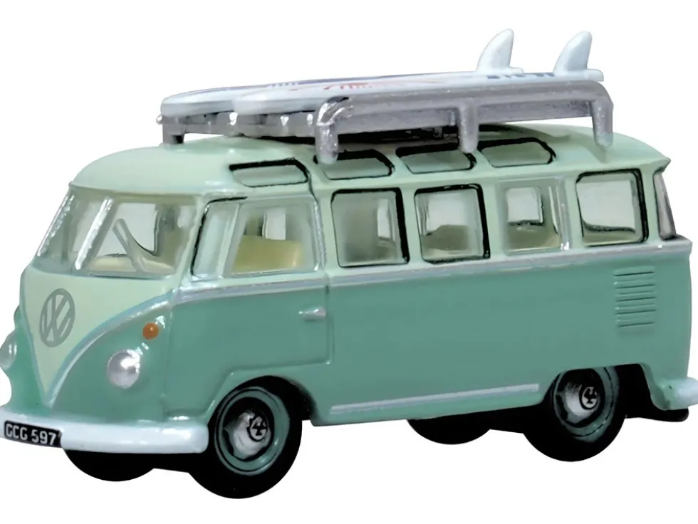 Volkswagen T1 Samba Bus RHD (Right Hand Drive) Green Two-Tone with Surfboards on Roof Rack 1/148 (N) Scale Diecast Model Car by Oxford Diecast