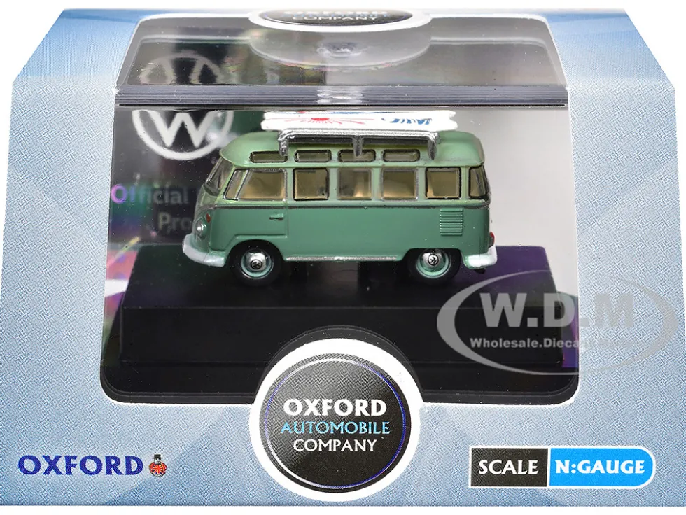 Volkswagen T1 Samba Bus RHD (Right Hand Drive) Green Two-Tone with Surfboards on Roof Rack 1/148 (N) Scale Diecast Model Car by Oxford Diecast