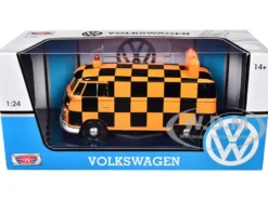 Volkswagen Type 2 (T1) Airport Runway Delivery Van Black and Orange Checkered 1/24 Diecast Model Car by Motormax