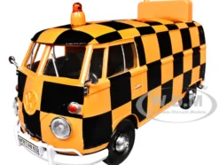 Volkswagen Type 2 (T1) Airport Runway Delivery Van Black and Orange Checkered 1/24 Diecast Model Car by Motormax