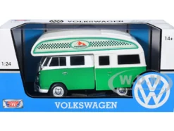Volkswagen Type 2 T1 Camper Van Green White Outdoor Camping Explore the Forest 1/24 Diecast Model Car Motormax 79592