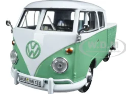 Volkswagen Type 2 (T1) Double Cab Pickup Truck White and Green 1/24 Diecast Model Car Motormax 79343