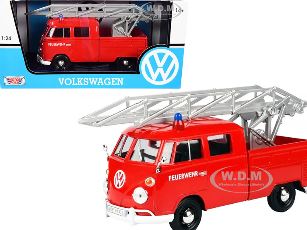 Volkswagen Type 2 T1 Fire Truck Aerial Ladder Feuerwehr Red 1/24 Diecast Model Car Motormax 79584