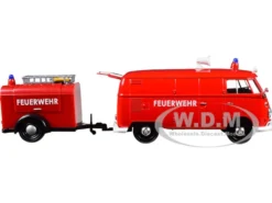 Volkswagen Type 2 T1 Fire Van Fire Fighting Trailer Feuerwehr Red 1/24 Diecast Model Car Motormax 79671