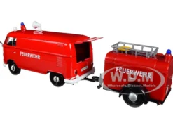 Volkswagen Type 2 T1 Fire Van Fire Fighting Trailer Feuerwehr Red 1/24 Diecast Model Car Motormax 79671