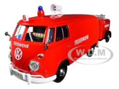 Volkswagen Type 2 T1 Fire Van Fire Fighting Trailer Feuerwehr Red 1/24 Diecast Model Car Motormax 79671