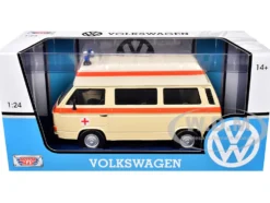 Volkswagen Type 2 (T3) High Roof Ambulance Cream with Orange Stripes 1/24 Diecast Model Car by Motormax