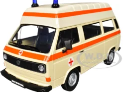 Volkswagen Type 2 (T3) High Roof Ambulance Cream with Orange Stripes 1/24 Diecast Model Car by Motormax