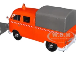 Volkswagen Type 2 T1 Pickup Truck Orange Snow Plow Camper Shell 1/24 Diecast Model Car Motormax 79593
