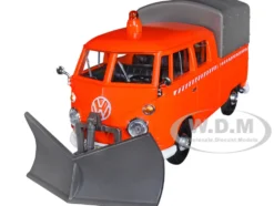 Volkswagen Type 2 T1 Pickup Truck Orange Snow Plow Camper Shell 1/24 Diecast Model Car Motormax 79593