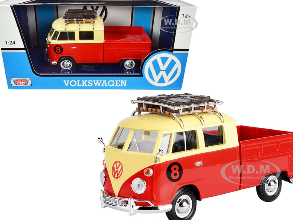 Volkswagen Type 2 T1 #8 Pickup Truck Roof Rack Luggage Red Yellow 1/24 Diecast Model Car Motormax 79582