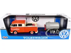Volkswagen Type 2 T1 Pickup Truck Orange Cream Oil Trailer Road Service 1/24 Diecast Model Car Motormax 79674