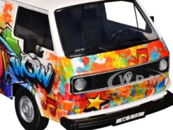 Volkswagen Type 2 (T3) Van White Metallic with Graffiti Graphics 1/24 Diecast Model Car by Motormax