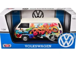 Volkswagen Type 2 (T3) Van White Metallic with Graffiti Graphics 1/24 Diecast Model Car by Motormax
