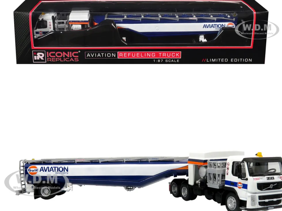 Volvo FM500 with Esterer Aviation Refueling Tanker Truck "Gulf Aviation" White with Blue Stripes Limited Edition 1/87 (HO) Diecast Model by Iconic Replicas