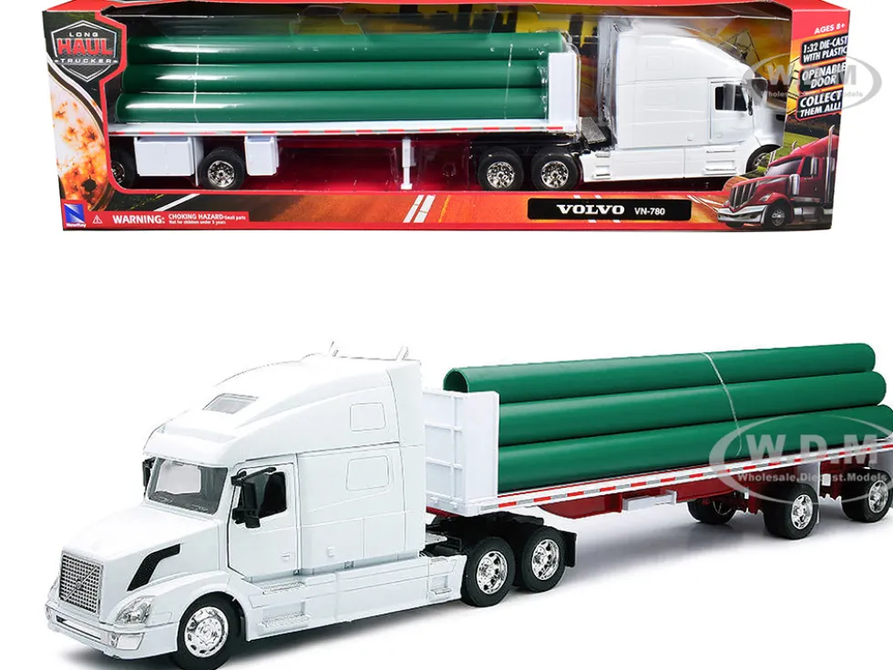 Volvo VN-780 Truck with Flatbed Trailer and Long Pipes White "Long Haul Truckers" Series 1/32 Diecast Model by New Ray