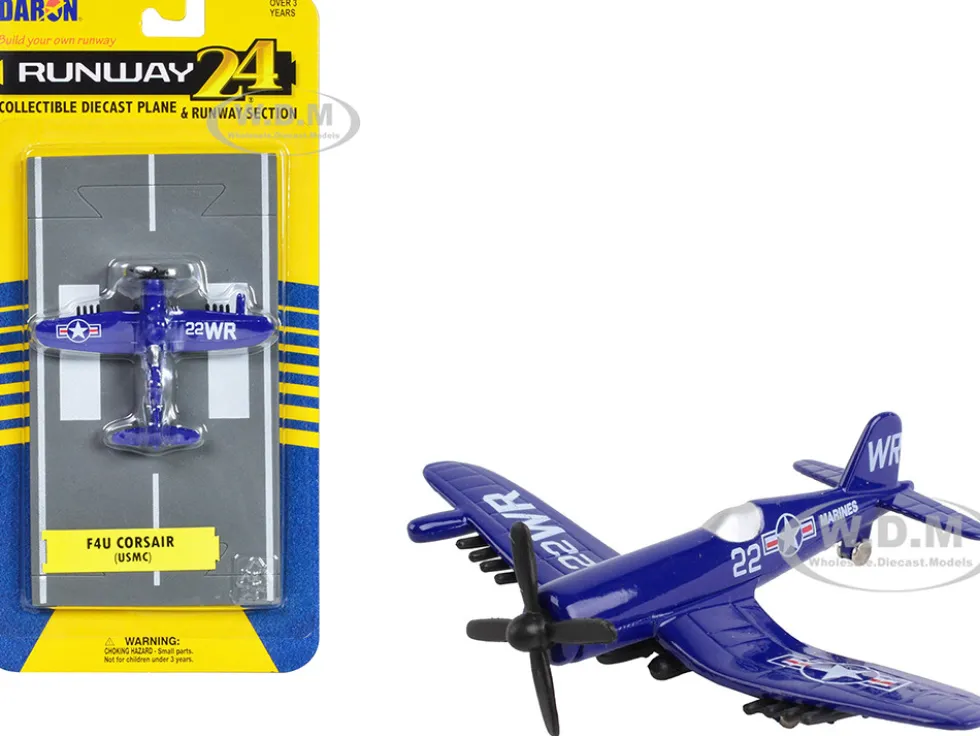 Vought F4U Corsair Fighter Aircraft Blue United States Marine Corps with Runway Section Diecast Model Airplane Runway24 RW150