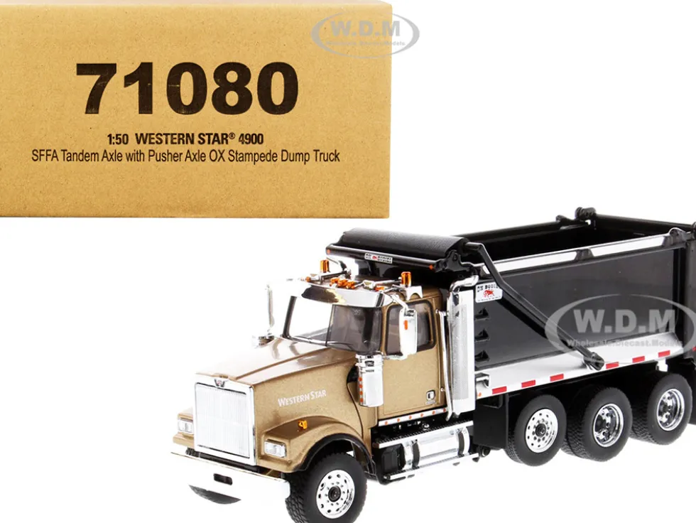 Western Star 4900 SFFA Tandem Pusher Axle OX Stampede Dump Truck Gold Black 1/50 Diecast Model Diecast Masters 71080