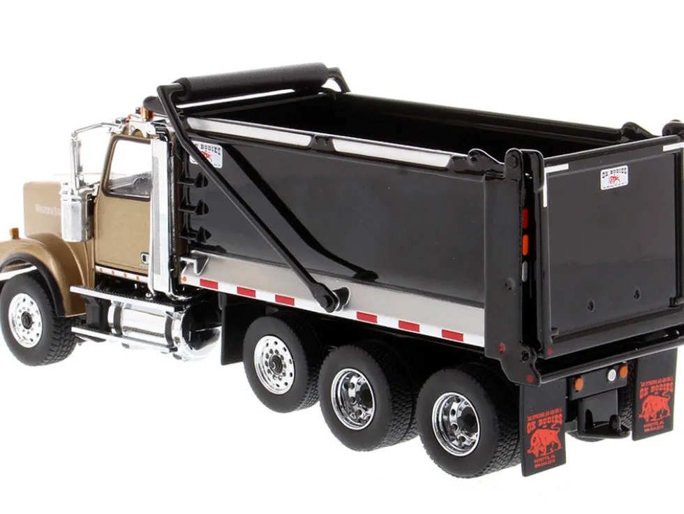 Western Star 4900 SFFA Tandem Pusher Axle OX Stampede Dump Truck Gold Black 1/50 Diecast Model Diecast Masters 71080