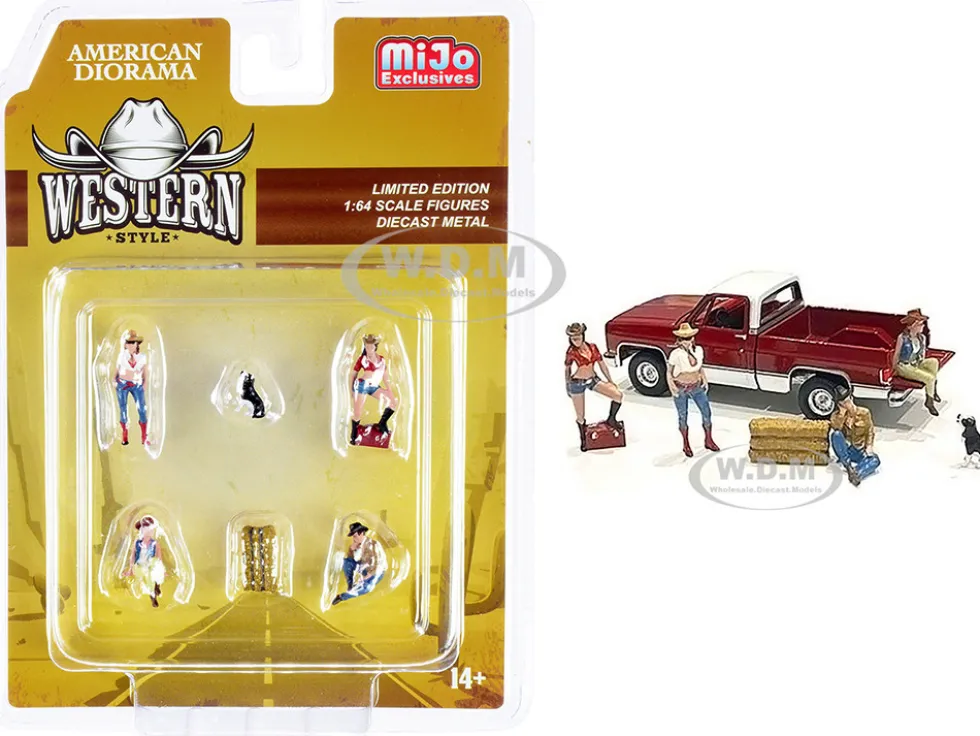 Western Style 6 piece Diecast Set 4 Figurines 2 Accessories 1/64 Scale Models American Diorama 76485