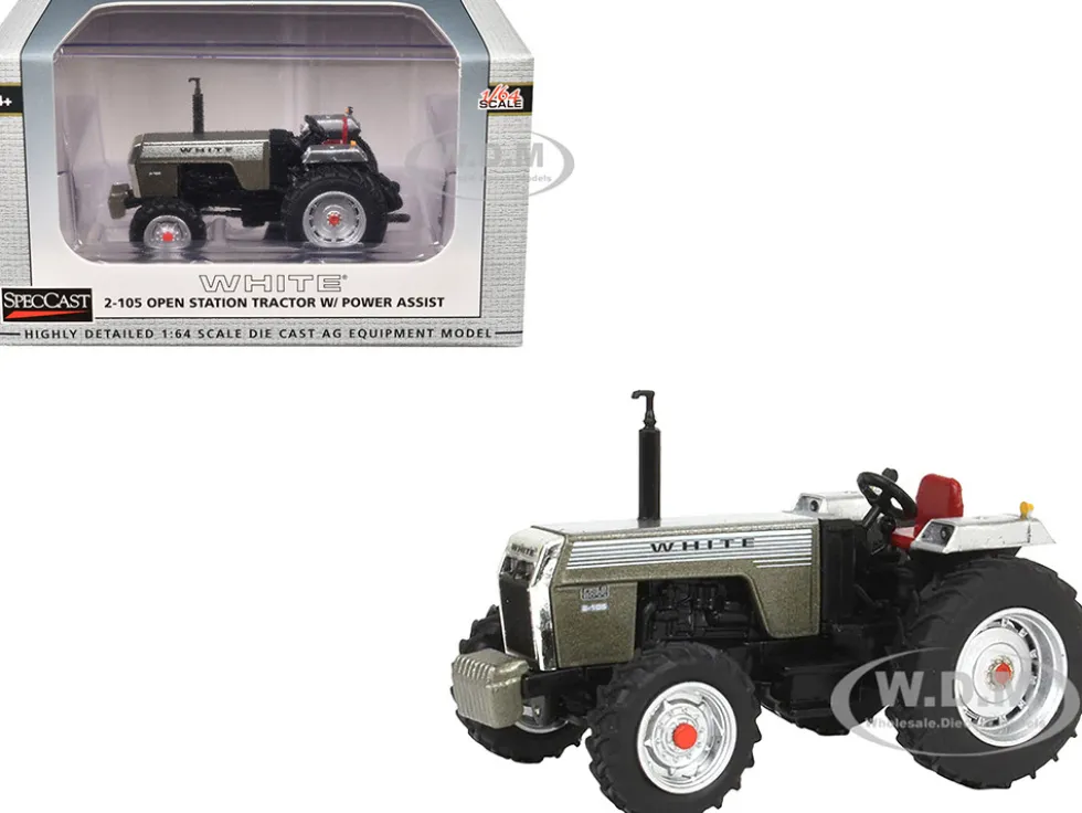 White 2-105 Open Station Power Assist Tractor Brushed Metal with White Stripes 1/64 Diecast Model by SpecCast