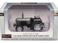 White 2-105 Open Station Power Assist Tractor Brushed Metal with White Stripes 1/64 Diecast Model by SpecCast