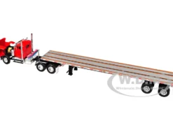 White Western Star 4900 Day Cab with 48’ Utility Flatbed Trailer Viper Red 1/64 Diecast Model by DCP/First Gear