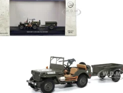 Willys Jeep 1 4 Ton Utility Truck Olive Drab with Trailer United States Army 1/43 Diecast Model Militaria Die Cast 23200-44