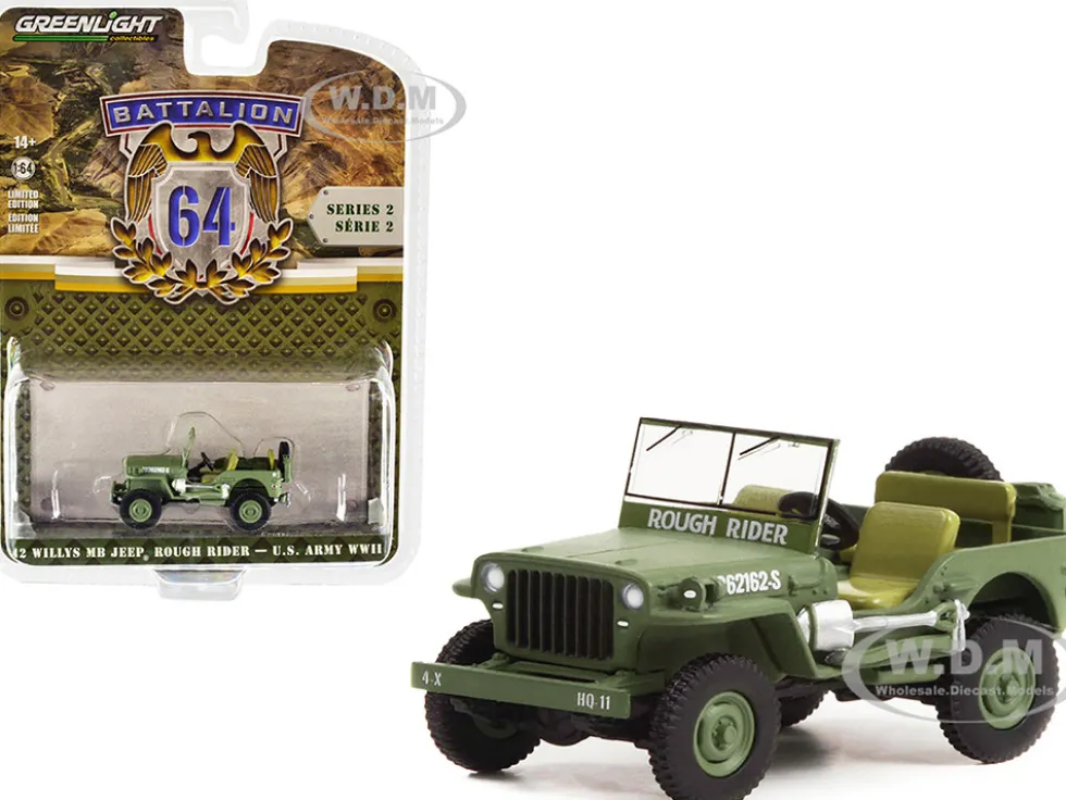 1942 Willys MB Jeep #20362162-S Green U.S. Army World War II Rough Rider Battalion 64 Release 2 1/64 Diecast Model Car Greenlight 61020A