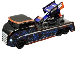 World Of Outlaws 2026 Winged Sprint Car #26 Black with Stripes and Custom Hauler Black with Graphics 1/64 Diecast Model Cars by ACME
