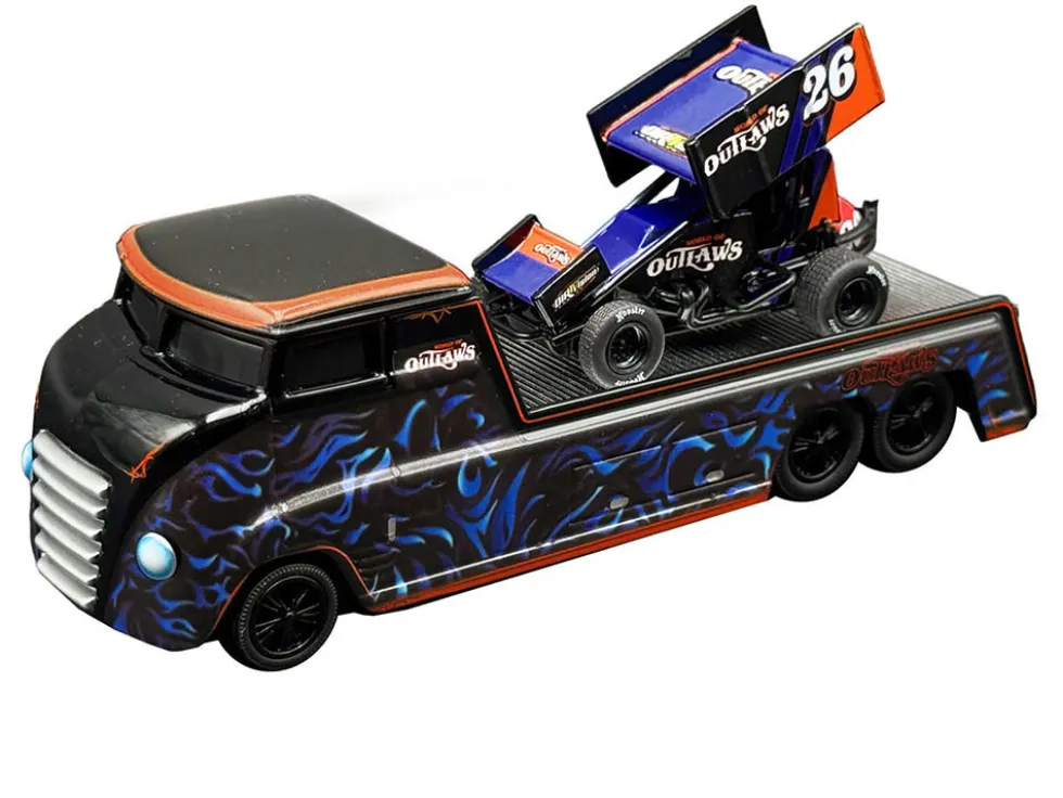 World Of Outlaws 2026 Winged Sprint Car #26 Black with Stripes and Custom Hauler Black with Graphics 1/64 Diecast Model Cars by ACME