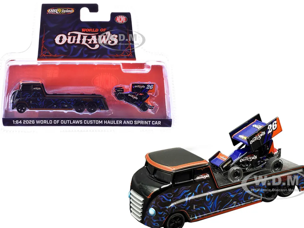 World Of Outlaws 2026 Winged Sprint Car #26 Black with Stripes and Custom Hauler Black with Graphics 1/64 Diecast Model Cars by ACME