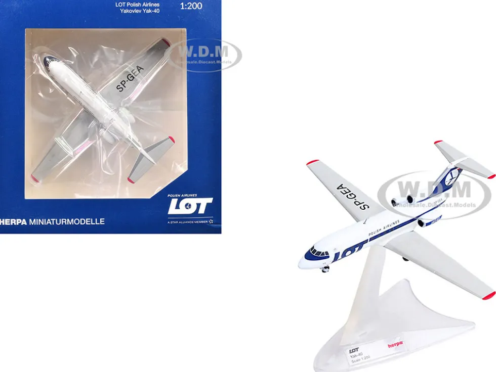 Yakovlev Yak-40 Commercial Aircraft "LOT Polish Airlines" (SP-GEA) White with Blue Stripes and Tail 1/200 Diecast Model Airplane by Herpa