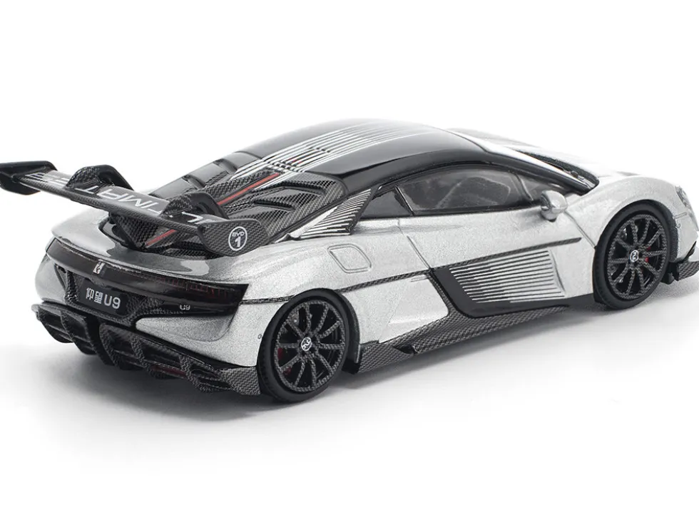 Yangwang U9 Silver Metallic with Black Top and Stripes 1/64 Diecast Model Car by Pop Race
