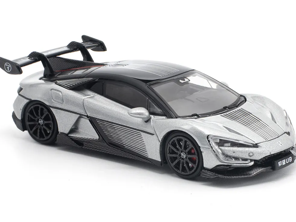Yangwang U9 Silver Metallic with Black Top and Stripes 1/64 Diecast Model Car by Pop Race